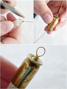 three pictures showing how to make a tiny bottle necklace