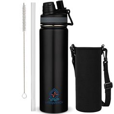 a black water bottle with a straw in it next to a bag and a drink holder