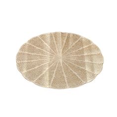 a round woven placemat with an intricate design on the top and bottom, in beige