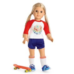 a doll with blonde hair and blue shorts on top of a skateboard in front of a white background