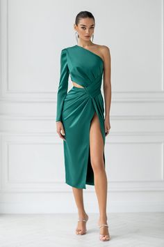 Draping Dress, Inner Goddess, Asymmetrical Neckline, Shoulder Cut, Dress First, Satin Dresses, Bridesmaid Dress, Green Dress, Wedding Guest