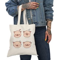 "Piggy Tote bag perfect for everyday use! Each bag is custom printed when ordered so returns & exchanges are not accepted. Thank you for supporting a small business! 💜 Beautiful quality & durable 💜 100% natural cotton canvas fabric 💜 One size: 15\" x 16\" (38.1cm x 40.6cm) 💜 Convenient self-fabric handles 💜 Double-sided print" Rectangular Casual Bags For Gift, Casual Rectangular Bag For Gifts, Casual Tote Bag For Personal Use, Casual Rectangular Canvas Bag Gift, Casual Rectangular Canvas Bag For Gift, Casual Softback Bags For Gifts, Cute Canvas Shoulder Bag For Gifts, Novelty Rectangular Bags For Personal Use, Cute Canvas Tote Bag For Gift