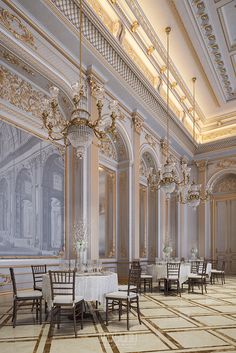 a large dining room with chandeliers and tables