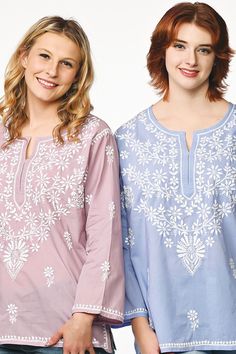 Our Tara Embroidered Tunic is hand embroidered by women artisans in Uttar Pradesh, India. The embroidery motifs are first block-printed onto the garment and then the women do the embroidery in their homes, which allows them to do the work on their own schedule between other household work. Our soft embroidered cotton tunic tops feature fine embroidery on the front and back and are designed for a comfortable, elegant fit. Available in two sizes, S/M and L/XL. Resham Embroidery Tunic Top, Festive Folk Embroidered Top, Festive Tops With Geometric Embroidery, Folk Style Cotton Top With Tonal Embroidery, Traditional Tonal Embroidered Top For Spring, Summer Chikankari Embroidery Fabric, Traditional Tops With Tonal Embroidery For Festive Occasions, Summer Chikankari Embroidered Fabric, Traditional Embroidered Top With Geometric Design For Festive Occasions