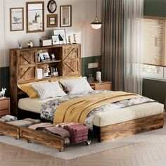 a bed sitting in a bedroom next to a wooden bookcase filled with books on top of a hard wood floor