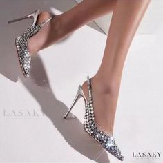 Lasaky - Diamante High Heels with Buckle Strap Back and Stiletto Heels Chic Silver Slingback Pumps For Party, Silver Pointed Toe Heels For Party, Silver Slingback Pumps With Round Toe For Party, Silver Closed Toe Slingback Pumps For Party, Silver High Heels For Evening, Elegant Pointed Toe Party Sandals, Elegant Pointed Toe Sandals For Party, Silver Slingback Pumps With 4-inch Heel For Party, Rhinestone Closed Toe Slingback Pumps For Party