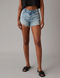 AE Strigid Super High-Waisted Relaxed Ripped Denim Short High Rise Medium Wash Jean Shorts For Spring, Trendy Relaxed Fit Jean Shorts For Spring, Everyday High Waist Summer Jeans, Summer High-waist Jeans For Everyday, Summer High Waisted Everyday Jeans, Everyday Light Wash Bottoms For Summer, Light Wash Summer Bottoms For Everyday, Spring Everyday Cutoff Jean Shorts, Everyday Light Wash Summer Bottoms