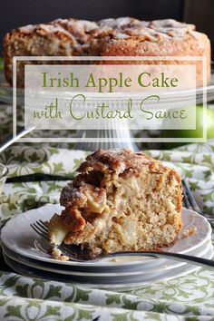 a close up of a slice of cake on a plate with the words irish apple cake with custard sauce