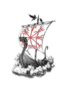 a drawing of a pirate ship with red writing on it's sails and birds flying around