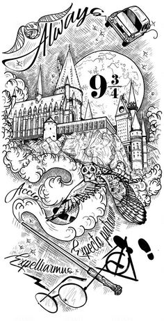 Harry Potter Monster Book Tattoo, Hogwarts Castle Tattoo Design, Harry Potter Tattoos Stencils, Harry Potter Outline Drawings, Harry Potter Tattoo Stencil, Harry Potter Tattoo Designs, Hogwarts Castle Tattoo, Harry Potter Tattoo Unique, Harry Potter Tattoo Sleeve