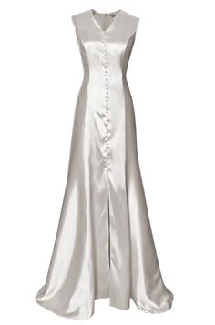 Sunset Satin Gown with buttondown design – CaeliNYC Line Silhouette, Satin Gown, Sustainable Brand, Invisible Zipper, Covered Buttons, Dusty Pink, Light Purple, Satin Fabric, Dress Making