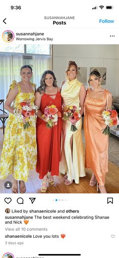 four women in dresses posing for a photo on the instagram page, with one woman holding flowers