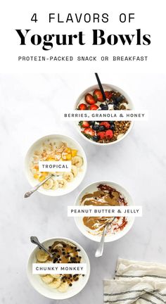 four bowls filled with yogurt and fruit on top of a white countertop