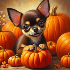 a painting of a chihuahua surrounded by pumpkins