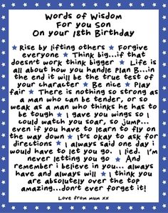 a poem written in blue and white with stars on the border, which reads words of wisdom for your birthday