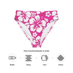 Turn heads at the beach with our hottie pink and white hibiscus flowers on white high waisted bikini bottom. These bold and playful flowers will make a statement while providing the perfect fit to flatter your figure. Enjoy comfort and style all in one! Bathing suit bottom is comfortable, high-waisted, and double-layered. • Double-layered and non-reversible • Tear-away care label • Zig-zag stitching *Swimsuit top only and two piece set with this design are listed and sold separately. This produc Pink Hibiscus Print Swimwear For Beach Party, Pink Hibiscus Print Swimwear For Vacation, Pink Hibiscus Print Swimwear For Summer, Pink Hibiscus Print Swimwear For Poolside, Pink Hibiscus Print Swimwear For Swimming, Pink Hibiscus Print Swimwear, Pink Tropical High-waist Swimwear, Tropical High Waist Pink Swimwear, Pink High Waist Tropical Swimwear