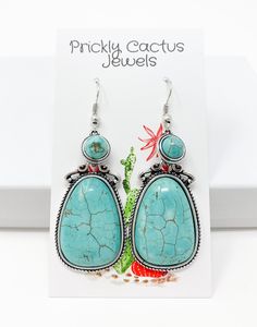 Turquoise Blue Magnesite Teardrop Earrings - Prickly Cactus Jewels Daisy Beads, Navajo Art, Feather Earrings Silver, Navajo Pearls, Nugget Necklace, Feather Charms, Silver Feather, Sterling Silver Dangle Earrings, Genuine Turquoise