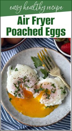 an image of air fryer poached eggs on a plate with a fork