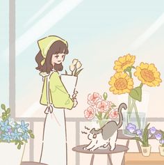 a woman standing next to a cat near flowers