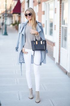 Light Blue Trench | Blonde Expeditions Light Blue Coat Outfit, Blue Coat Outfit, Light Blue Coat, Light Blue Blazer, Blue Trench Coat, Cozy Winter Outfits, Coat Outfit, Blue Coat, Blue Coats