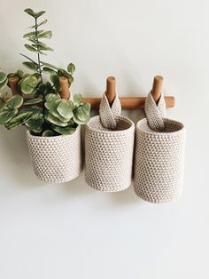 three planters are hanging on the wall