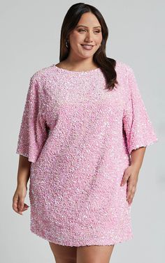 Valetta Mini Dress - Sequin low back shift dress in Pink Sequin | Showpo USA Spring Sequin Dress With Contrast Sequin And Short Sleeves, Spring Sequin Dress With Contrast And Short Sleeves, Summer Evening Mini Dress With Half Sleeves, Pink 3/4 Sleeve Evening Dress, Pink Evening Dress With 3/4 Sleeves, Spring Evening Mini Dress With Half Sleeves, Spring Half Sleeve Mini Dress For Night Out, Half Sleeve Mini Dress For Spring Evenings, Pink Half-sleeve Evening Dress