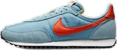 Blue Sports Sneakers With Logo, Nike Retro Blue Sneakers, Blue Retro Sneakers With Gum Sole, Retro Blue Sneakers With Gum Sole, Retro Sneakers With Rubber Waffle Outsoles For Spring, Classic Blue Running Sneakers, Vintage Nike Blue Sneakers, Casual Sports Sneakers With Logo, Vintage Blue Nike Sneakers