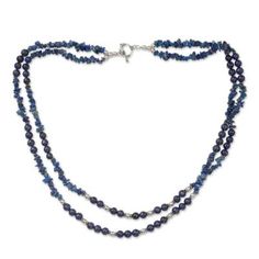 Handcrafted Lapis Lazuli Double Strand Necklace - Blue Mystique | NOVICA Double Strand Necklace, Silver Bead Necklace, Cultured Pearl Necklace, Pearl Earrings Dangle, Handmade Rings, Blue Beads, Silver Blue, Strand Necklace, Sterling Silver Bead