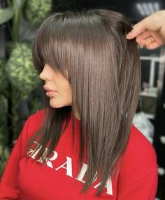 2023 Hair Trends For Long Hair, Change Of Hairstyle, Long Angled Bob With Layers And Bangs, Haircuts For Late 30s, Round Face Straight Bangs, Black Medium Length Hair With Bangs, Long A Line Bob With Bangs, Angled Long Bob With Bangs, Wispy Face Framing Bangs Medium Hair