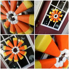 four pictures of orange and yellow windmills in front of a window with the door open