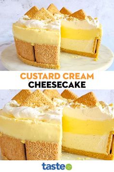 two pictures showing different types of cheesecakes with the words custard cream cheesecake