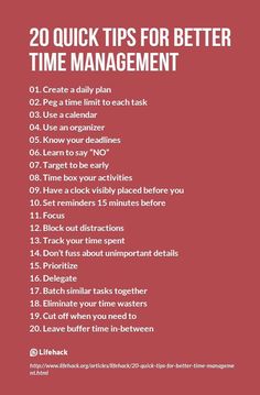 a red poster with the words 20 quick tips for better time management in white letters