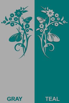 two banners with flowers and butterflies on them, one is gray and the other is teal