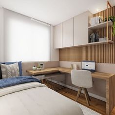 a bedroom with a bed, desk and shelves on the wall next to each other