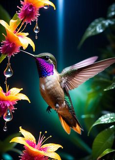 a hummingbird is flying in the air near flowers and drops of water hanging from it's wings