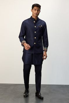 Navy blue dori embroidered nehru jacket. Paired with a coordinating kurta and - Aza Fashions Nehru Jacket With Kurta, Kurta Set Men, Nehru Jacket, Nehru Jackets, Kurta Set, Embroidered Silk, Aza Fashion, Stand Collar, Navy Blue