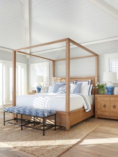 a bedroom with white walls and wood furniture