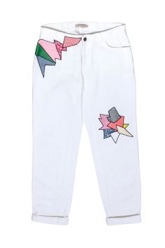 Get ready to turn heads in these quirky and playful Christopher Kane white denim jeans. The multi-colored patch shapes add a pop of fun and extra style to your weekend look. Don't forget to pair them with a colorful shoe for the ultimate statement! Size 6 (28) 100% Cotton Trim 100% Polyester Unlined Covered zipper front with top button closure One front slip pocket Two back slip pockets Waist 32" Hips 36" Length 38" Inseam 29" Playful Cotton Jeans For Spring, Playful Spring Cotton Jeans, Casual White Bottoms With Patchwork, Trendy Multicolor Straight Leg Jeans, Casual White Patchwork Bottoms, Trendy Cotton Bottoms With Patches, Casual White Patchwork Pants, Trendy Multicolor Spring Jeans, Spring Patchwork Cotton Jeans