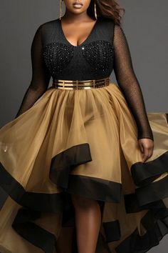 Xpluswear Design Plus Size Cocktail Party Black Gold V Neck Long Sleeve High Low Hem Tulle Midi Dresses [Pre-Order] - Xpluswear Gold Dresses Formal, Black And Gold Dress Formal, Plus Size Birthday Outfits, 40 Year Old Womens Fashion, Tulle Midi Dress, Plus Size Cocktail Dresses, Plus Size Fashion For Women, Cocktail Dress Lace, Formal Attire