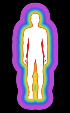 an image of a man standing in front of a rainbow colored background with the shape of a human's body