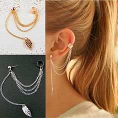 Be edgy and unique with this leaf tassel ear cuff! A simple ear cuff composed of 3 chains from cuff to the stud and one for the leaf tassel. Metals Type: Zinc Alloy.Colors: Silver/Gold. *NOTE: Due to the Chinese New Year Holiday, this item will ship by the end of February 2021. Guaranteed safe check out:PAYPAL | VISA | MASTERCARD Please allow 9 - 24 business days for the item to arrive. Leaf Ear Cuffs, Ear Cuff Jewelry, Tassel Earing, Vintage Clip Earrings, Cuff Jewelry, Luxury Earrings, Ear Cuff Earings, Ear Cuffs, Fashion Jewelry Earrings