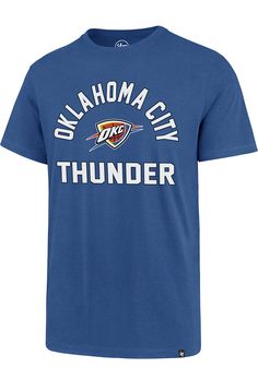 Show off your team pride in this Oklahoma City Thunder Blue Pro Arch Super Rival Short Sleeve T Shirt! This OKC Short Sleeve Tee features a lightweight material with a crew neckline and screen printed team graphics. Make sure everyone knows you root for the Thunder with this Blue OKC T Shirt. Go Thunder! Lightweight material, Crew neckline, Screen print team graphic, Unisex, Officially Licensed, Fit: True to Size, 100% COTTON, Machine Washable, 4 Affordable Blue Fan Apparel Shirt, Blue Cotton Tops For Sports Events, Blue Cotton Tops With Team Logo, Blue Cotton T-shirt For Sports Events, Moisture-wicking Cotton Tops For Sports, Sports Cotton T-shirt With Moisture-wicking, Blue Cotton T-shirt For Fans, Blue Jersey T-shirt With Team Logo, Sporty Cotton T-shirt With Go-dry Technology