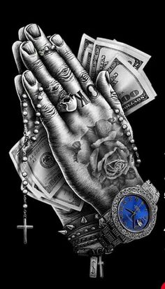 a black and white drawing of a praying hand with dollar bills on it's wrist