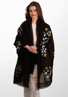 This black scarf crafted from a very light linen and modal blend features a stunning hand-painted Blooming Branches design. This georgeous scarf is further elevated with a tonal black georgette frill and filigree lace border making it the perfect statement piece whether as a casual accessory for a day out or to elevate an evening ensemble. It is a unique and must-have addition to any discerning woman's wardrobe. Spring Traditional Silk Scarf, Black Bohemian Silk Scarf For Spring, Bohemian Black Silk Scarf For Spring, Spring Bohemian Hand Painted Silk Scarf, Black Silk Scarf For Spring, Blooming Branches, Branch Design, Black Scarf, Casual Accessories