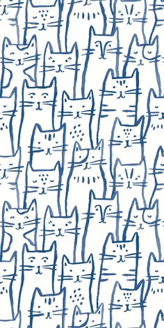 a drawing of many cats that are blue and white