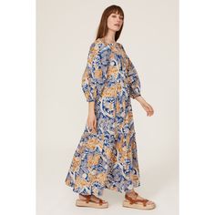 Blue cotton blend (98% Cotton, 2% Spandex). A-line. V-neck. Three-quarter sleeves. Front button closure. 54" from shoulder to hemline. Imported. Casual Cotton Maxi Dress With 3/4 Sleeves, Blue Summer Midi Dress 3/4 Length, Blue 3/4 Length Midi Dress For Summer, Staud Cotton Dress For Daywear, Blue Midi Dress With 3/4 Sleeves For Summer, Casual Daywear Dresses By Staud, Casual Staud Daywear Dress, Casual Staud Dresses For Daywear, Staud Long Sleeve Spring Dress