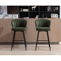 [Modern design] This upholstered bar height chair features a straight back with a semi-loop design that accentuates the chair contemporary style. [Comfortable footrest] The iron ring material footrest ensures the stability and safety of the seat, but also brings you comfort and relaxation. [Adjustable foot pegs]This modern upholstered bar stool comes with screw-adjustable feet that adjust the seat smoothly while protecting your floor from scratches. [Multi-scene application] This comfortable low Kitchen Counter Stools Ideas, Earthy Barstools, Metal Barstools In Kitchen, Green Bar Chairs Kitchen, Bar Stools Comfortable, Green Bar Stools Kitchen Island, High Top Chairs, Wayfair Bar Stools, Bar Stools Kitchen Island Apartment