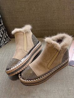 Rhinestone Split Joint Warm Fur Lined Slip On Ankle Boots, Black / US 9 Women Winter Wear, Lazy Fashion, Woman Boots, Shoe For Women, Outer Women, White Shoes Sneakers, Fur Shoes, Orange Shoes, Winter Ankle Boots