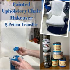 an upholstery chair makeover and prima transfer is shown in this collage