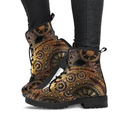 When you need a stunning pair of gorgeous steampunk boots to wear to an event, or just around town, then you've found your perfect boots.  People often comment on how comfortable these are.  With an Iconic clockwork gear design in bronze tones printed on a Vegan Leather Combat boot.   Custom printed and then lovingly handcrafted into these extra comfortable combat style boots.    These stunning boots have a rounded toe and lace up for a snug fit.   The sole is made of high quality rubber, excell Steampunk Winter Moto Boots With Round Toe, Winter Steampunk Moto Boots With Round Toe, Steampunk Boots With Round Toe For Fall, Steampunk Round Toe Boots For Fall, Steampunk Boots With Rivets For Fall, Steampunk Leather Boots For Fall, Steampunk Lace-up Boots With Round Toe For Fall, Steampunk Leather Boots For Winter, Black Steampunk Moto Boots With Round Toe